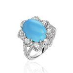 High Jewelry White Gold Ring with Turquoise and Colorless Diamonds