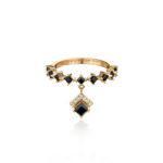 Le Rhombe Gold Ring with Colorless Diamonds and Black Sapphires