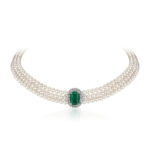 La féminité Choker Necklace with Ural Emerald, Diamonds, and Pearls