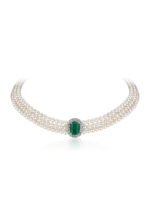 La féminité Choker Necklace with Ural Emerald, Diamonds, and Pearls