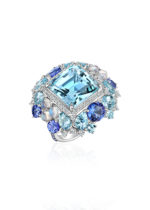 High Jewelry Ring with Aquamarines, Tanzanites, Moonstones, Diamonds, Blue and Colorless Sapphires