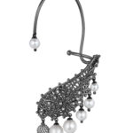 Wing Silver and White Gold Single Earring and Ear Cuff with Pearls and Diamonds