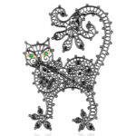 Cat Silver and White Gold Brooch-Pendant with Diamonds, Emeralds and Black Rhodium Plating