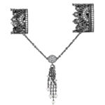 White Gold Double Ring with Sliding Tassel, Pearls, Diamonds and Black Rhodium Plating