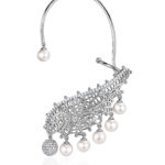 Silver and White Gold Single Earring and Ear Cuff with Pearls and Diamonds