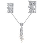 White Gold Double Ring with Sliding Tassel, Pearls and Diamonds